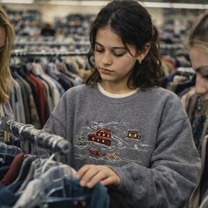 90s Gray double collar Sweatshirtwith Winter Scene